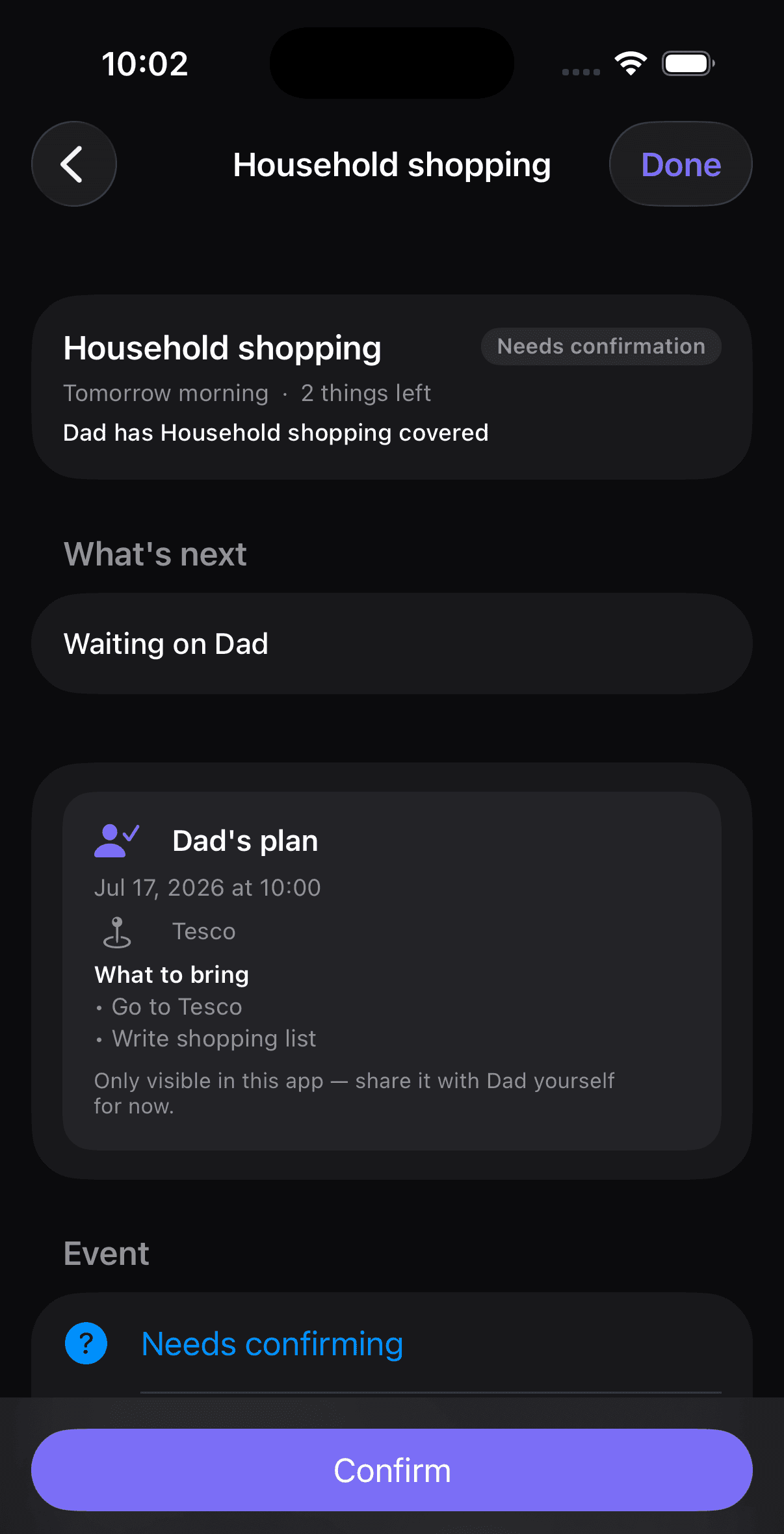 Momry showing a household plan assigned to a family member
